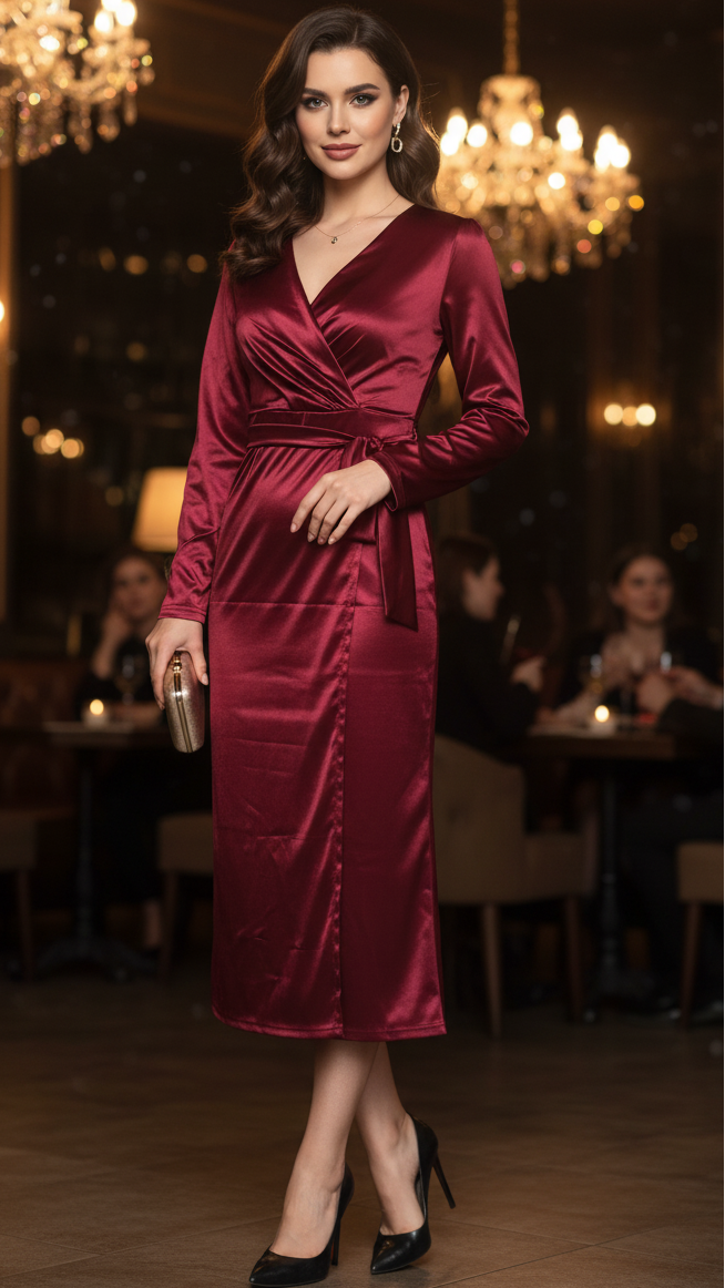 Jasmin Damen Frühlingskleid Wickel Midi Elegant - IdealeKleiden