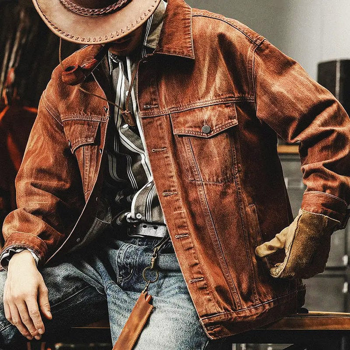 Herren Denimjacke Braun Vintage Style