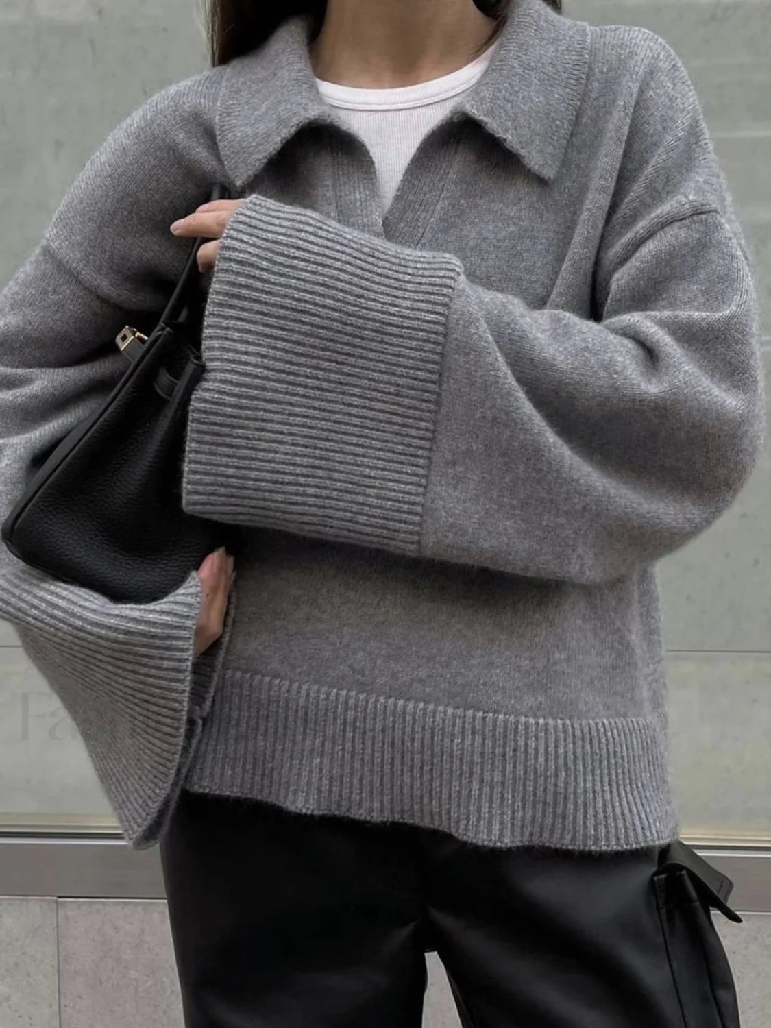 Bequemer Übergrößer Strickpullover Schwarz