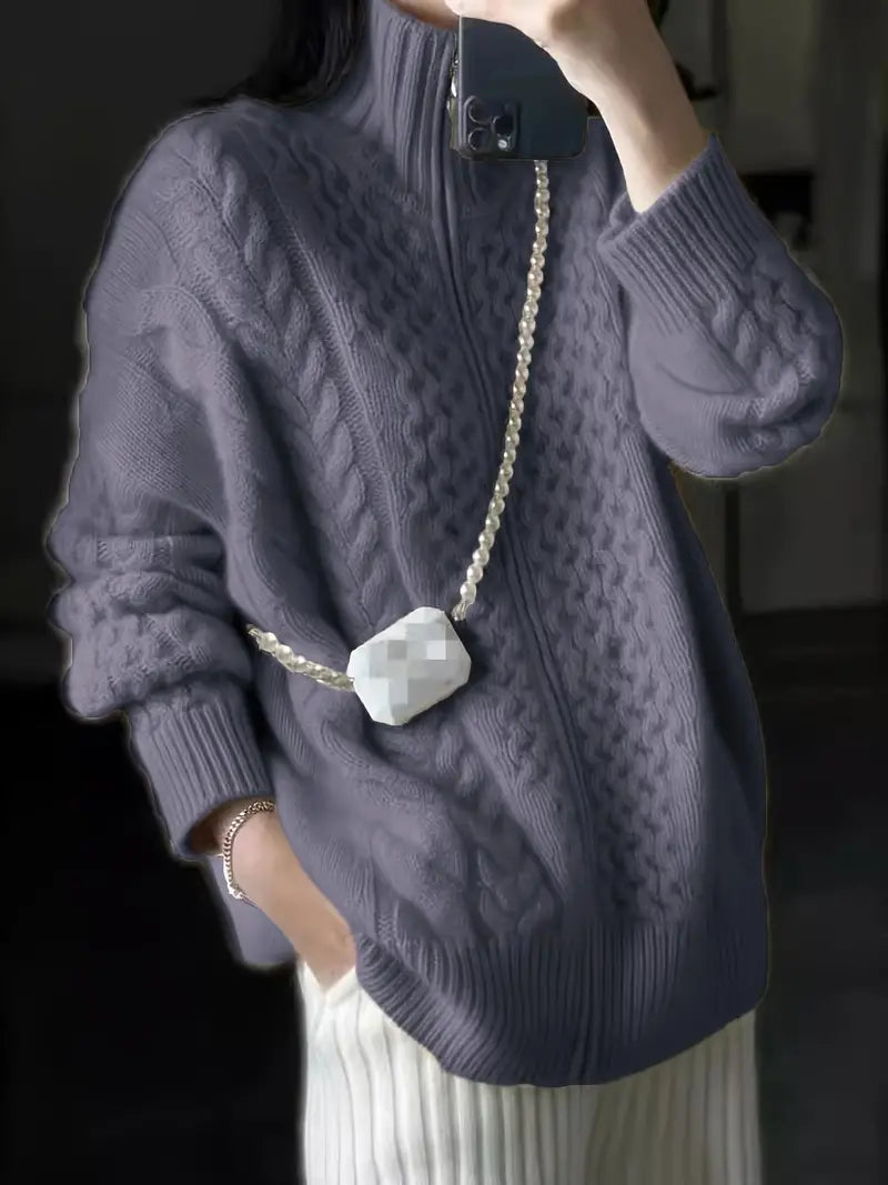 Klassische Strickjacke mit Reißverschluss und High-Kragen-Design - IdealeKleiden