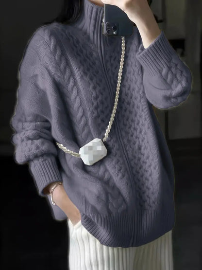 Klassische Strickjacke mit Reißverschluss und High-Kragen-Design - IdealeKleiden