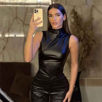 Ärmelloses Top Lederlook Stehkragen Asymmetrisch
