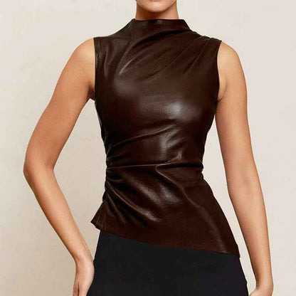 Ärmelloses Top Lederlook Stehkragen Asymmetrisch
