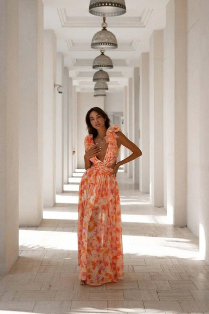 Sommer Maxikleid Blumenmuster Rüschen Dekolleté