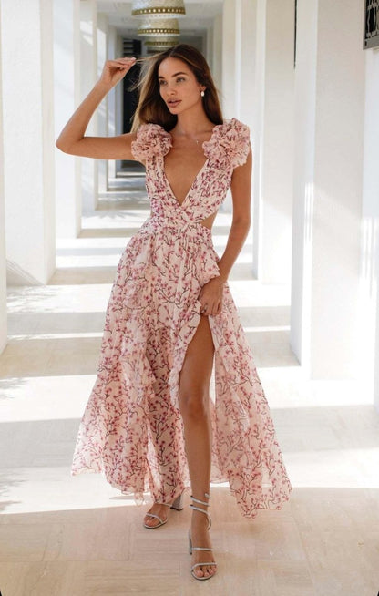Sommer Maxikleid Blumenmuster Rüschen Dekolleté - IdealeKleiden