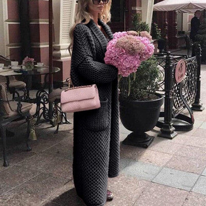 Langer Strickcardigan Offen mit Großen Taschen