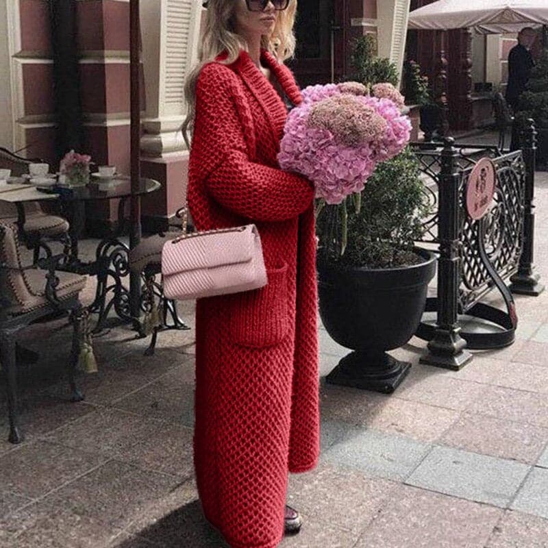 Langer Strickcardigan Offen mit Großen Taschen
