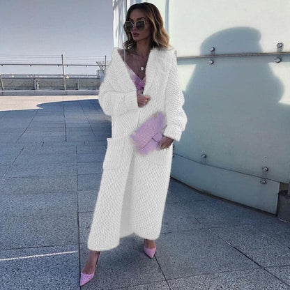 Langer Strickcardigan Offen mit Großen Taschen