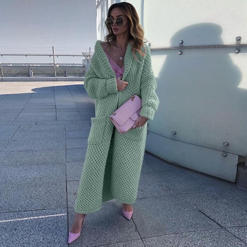Langer Strickcardigan Offen mit Großen Taschen