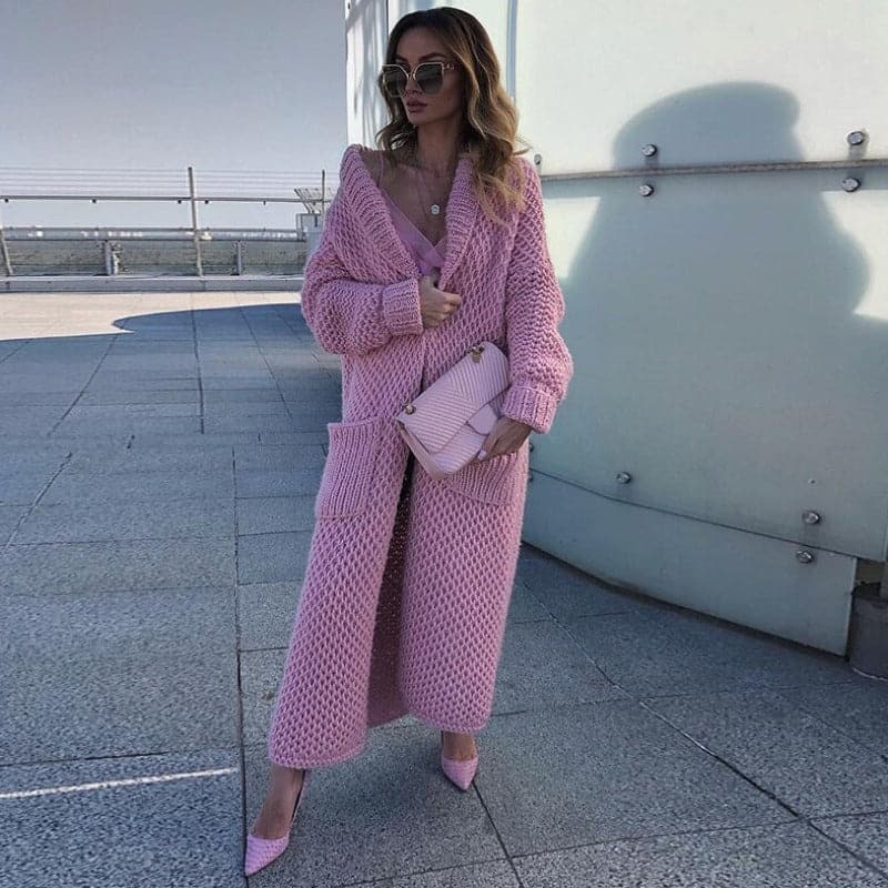 Langer Strickcardigan Offen mit Großen Taschen