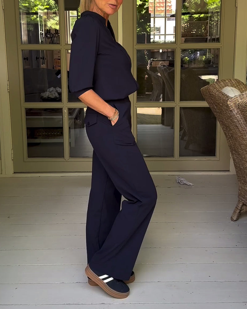 Elegantes Kleid Einfarbig V-Ausschnitt Mit Tasche - IdealeKleiden