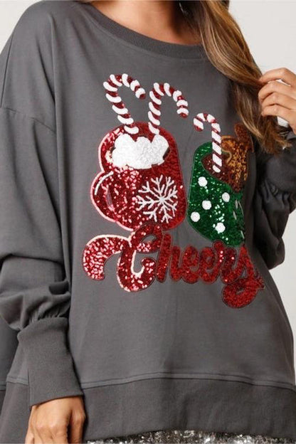 Weihnachtssüßigkeiten Tasse Pailletten Sweatshirt Lässig - IdealeKleiden