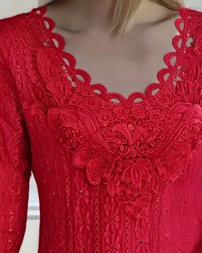Elegantes Kleid Spitze Verzierungen Langarm - IdealeKleiden