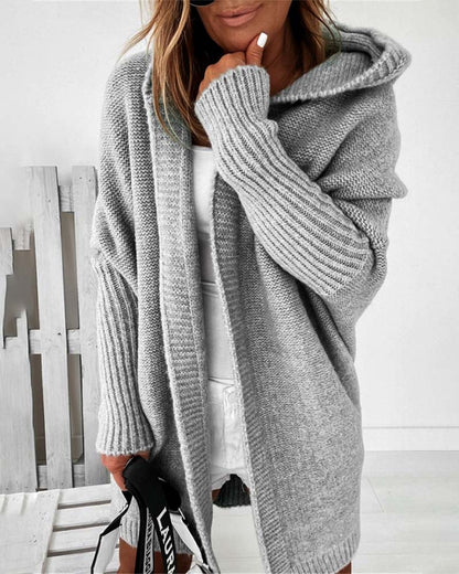 Stylische Strickjacke Fledermaus Kapuze Einfarbig