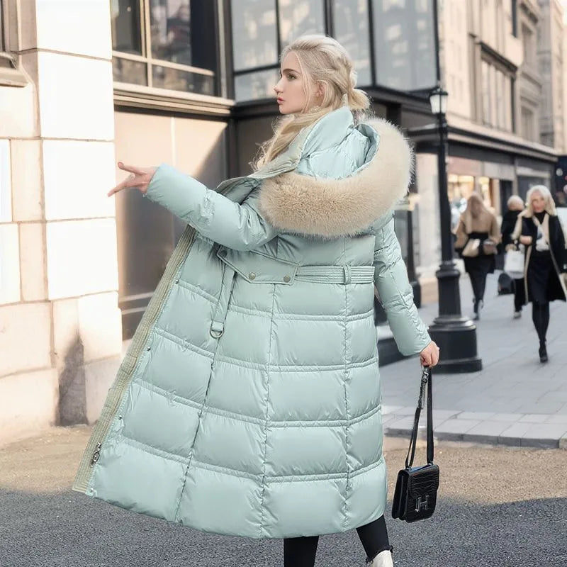 Wintermantel Damen Lang Kapuze Pelz Gürtel