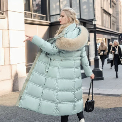 Wintermantel Damen Lang Kapuze Pelz Gürtel