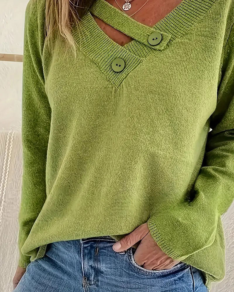 Elegantes Kleid V-Ausschnitt Knöpfe Einfarbig