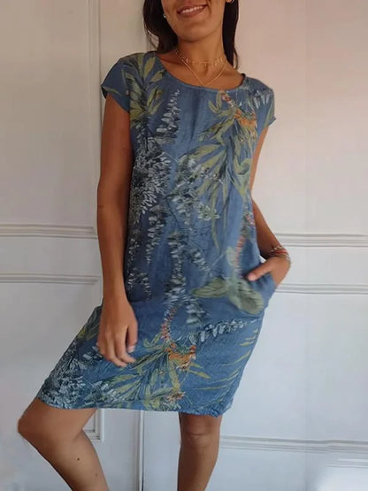 Damen Kleid Rundhals Ausschnitt Blumenmuster