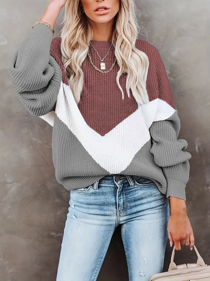 Damen Pullover Farbblock Rundhals