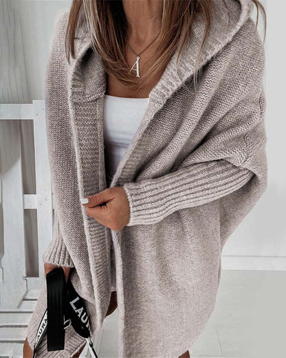 Stylische Strickjacke Fledermaus Kapuze Einfarbig