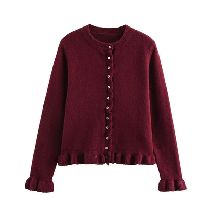 Stylischer Cardigan Damen Rüschen Knopfdesign