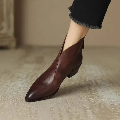 Elegante Stiefeletten Leder Spitze Mid Heel Damen Schuhe - IdealeKleiden