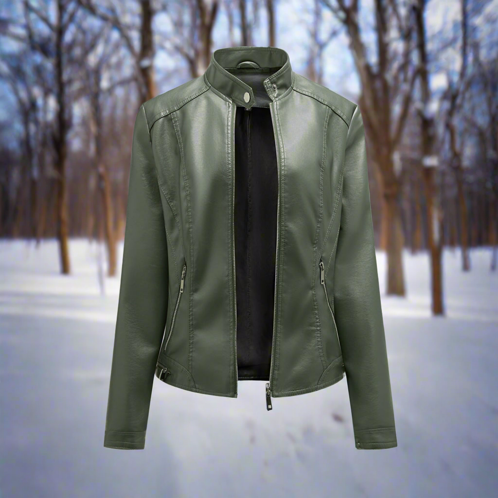 Lederjacke Biker Style Reißverschluss Stehkragen Slim