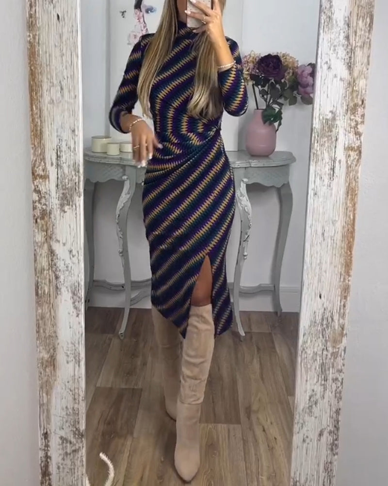 Moderne Damenkleid Streifen Stehkragen - IdealeKleiden