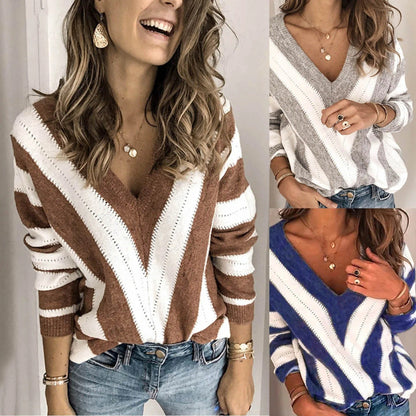 Gemütlicher Damen Pullover Streifen V-Ausschnitt