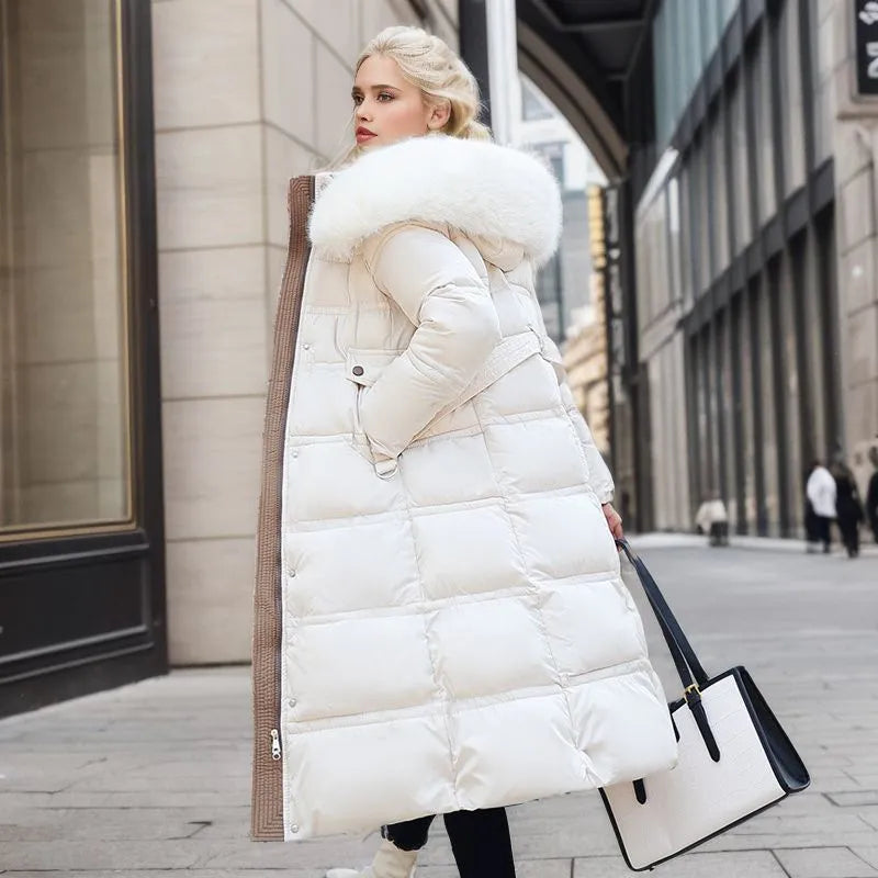 Damen Wintermantel Lang Elegant mit Pelzbesatz