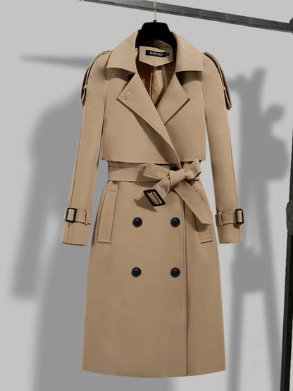 Eleganter Trenchcoat Lang Damenmantel Doppelfütterung Gürtel