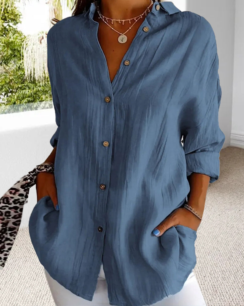 Elegantes Langarmhemd V-Ausschnitt Casual Style - IdealeKleiden