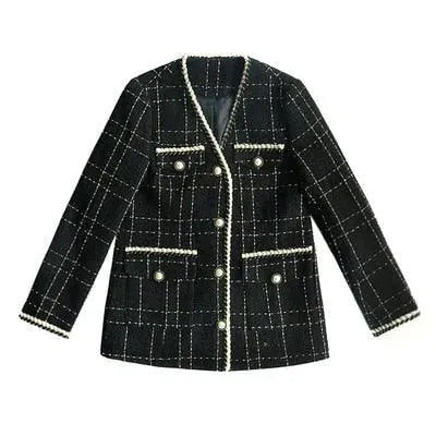 Chic Damenmantel Karo V-Ausschnitt Schwarz Tweed