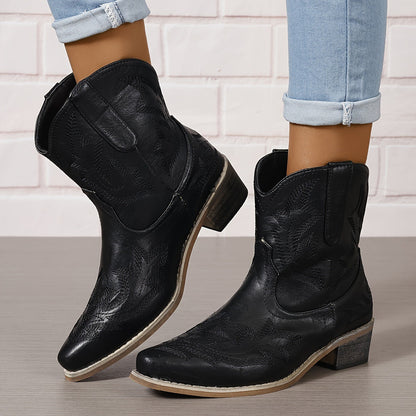 Westernstiefel Damen Bestickt Leder Spitz Knöchelhoehe Blockabsatz