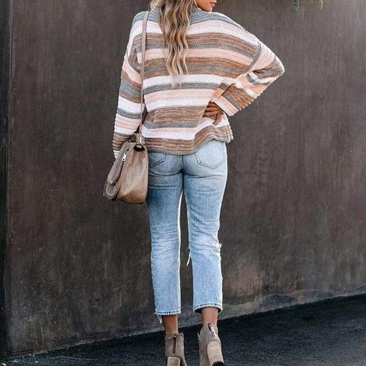 Damen Winterpullover Strick Gestreift Modern - IdealeKleiden