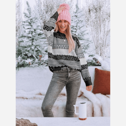 Boho Chic Pullover Gemustert Weich Winterwarm