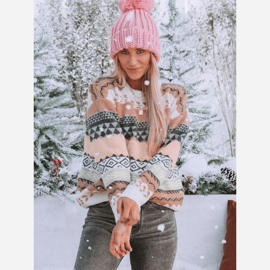 Boho Chic Pullover Gemustert Weich Winterwarm