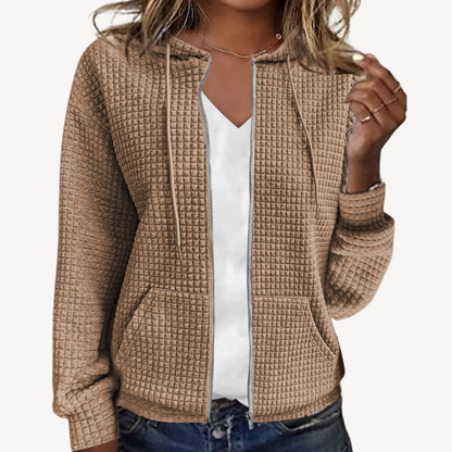 Damen Waffelstrick Kapuzenjacke Mit Reißverschluss