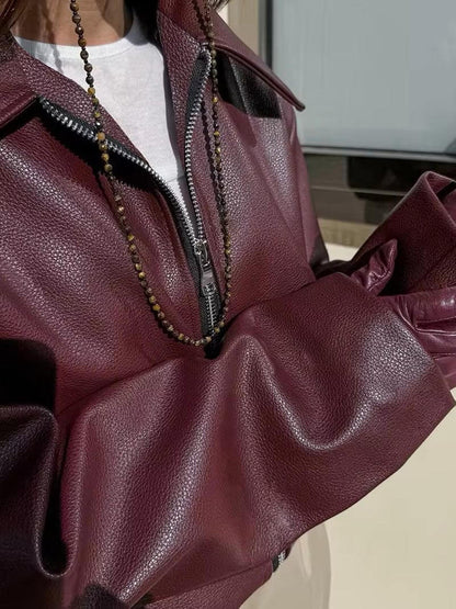 Burgunder Lederjacke Damen Elegant - IdealeKleiden