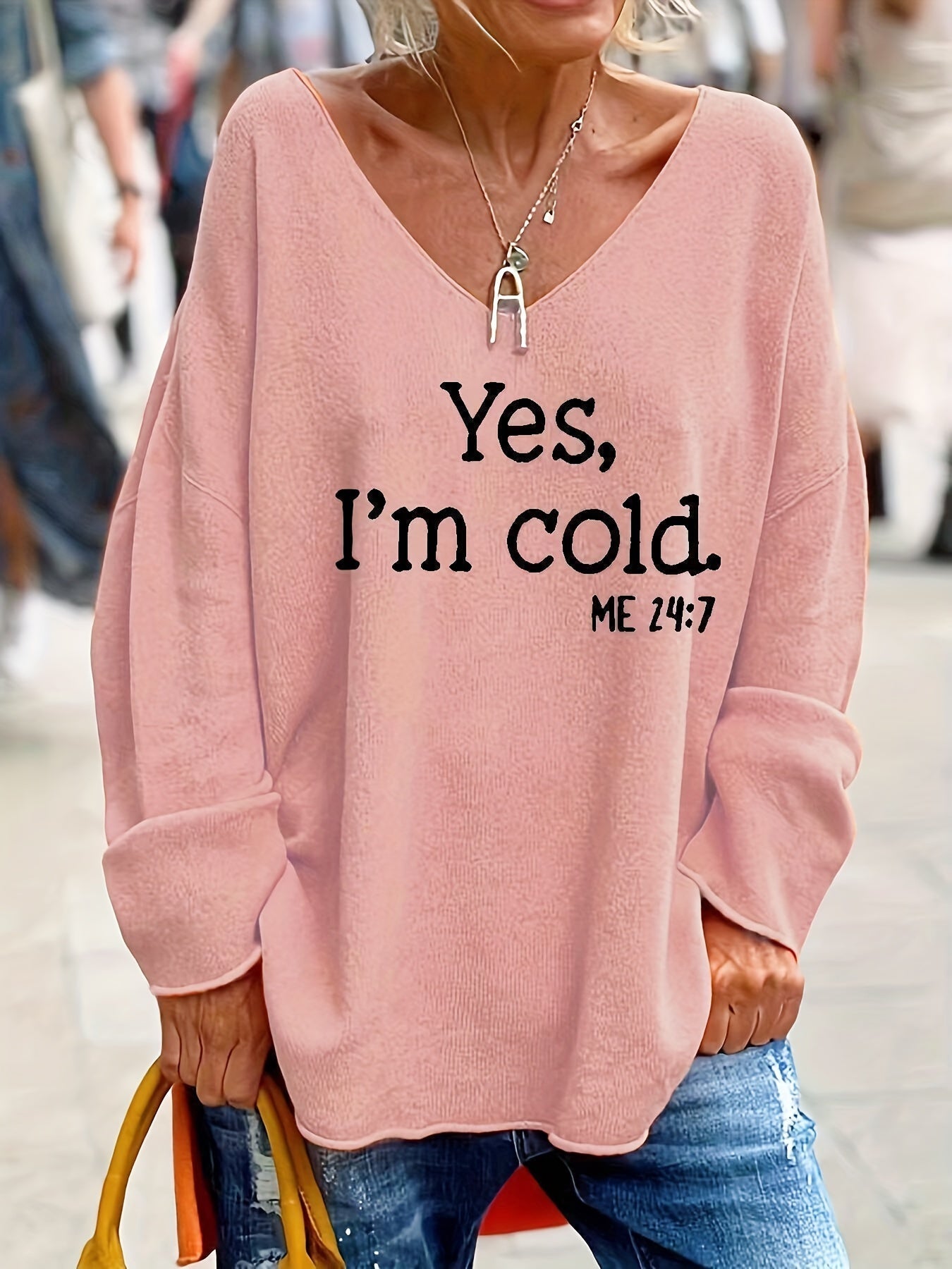 Damen Oversize Pullover V-Ausschnitt Muster