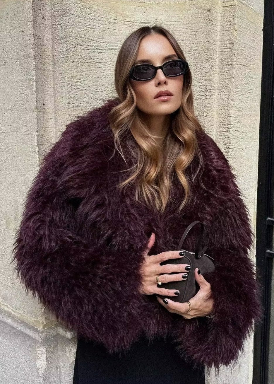 Kunstpelz-Winterjacke Burgunder Rot Elegant