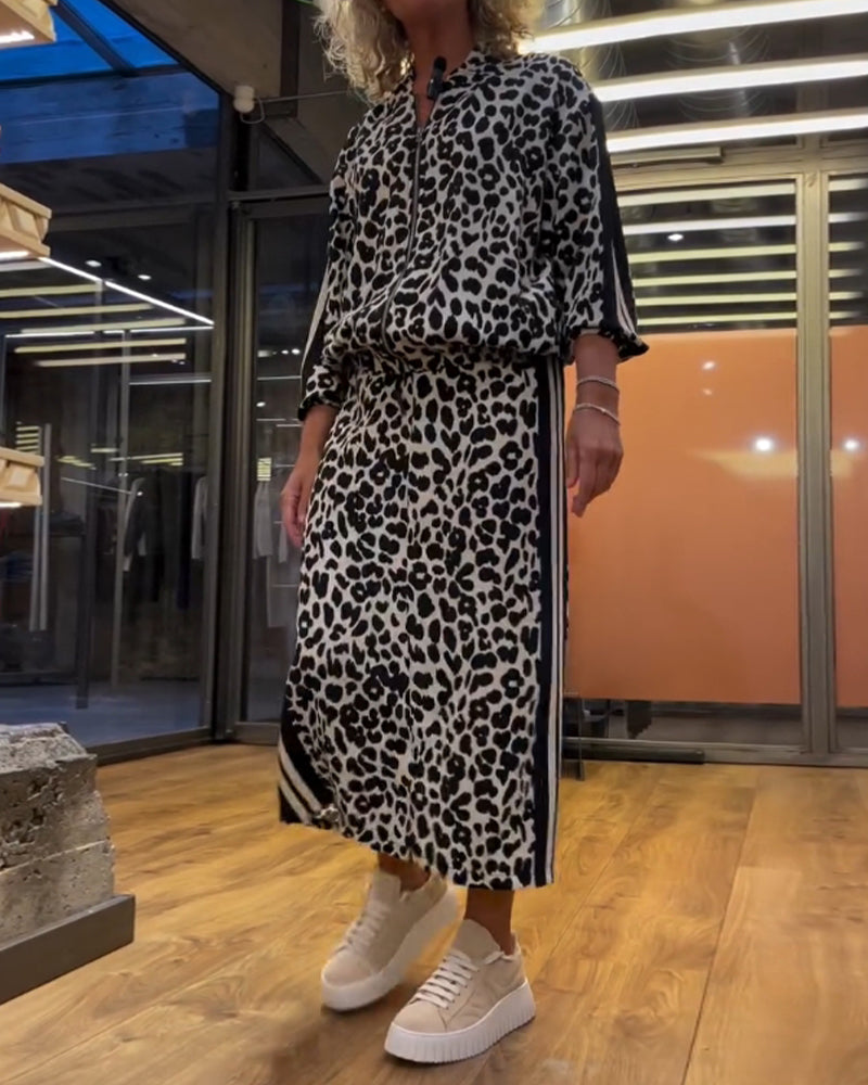 Kleid Set mit Streifenrock und Leopardenjacke - IdealeKleiden