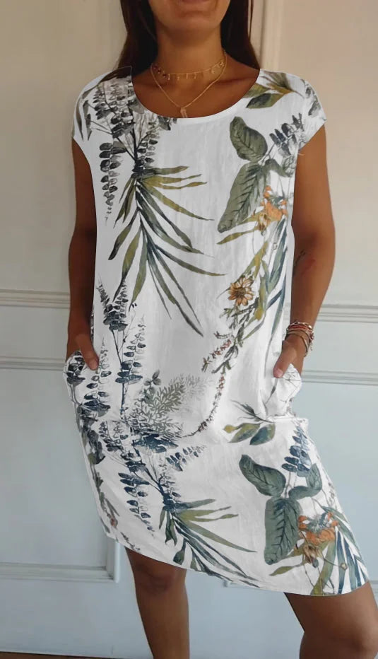 Damen Kleid Rundhals Ausschnitt Blumenmuster - IdealeKleiden