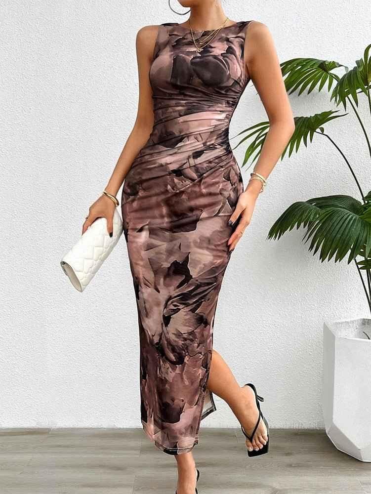 Figurbetontes Damenkleid Wasserfarben Muster Satin Optik - IdealeKleiden
