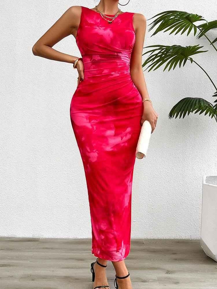 Figurbetontes Damenkleid Wasserfarben Muster Satin Optik