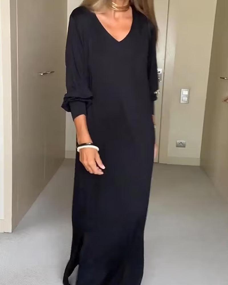 Einfaches V-Ausschnitt Kleid Damen