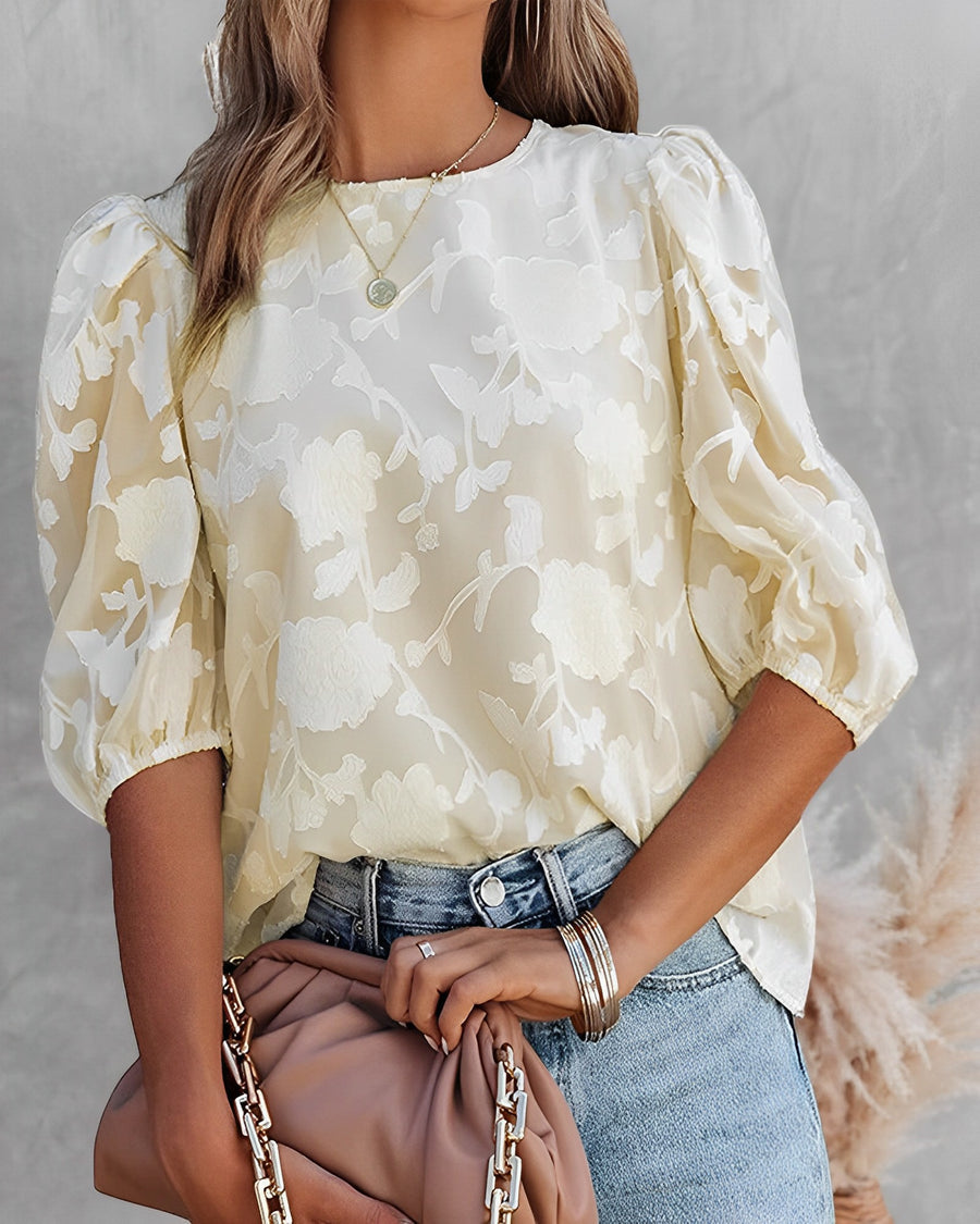 Elegante Blumenbluse Damen Puffärmel Top