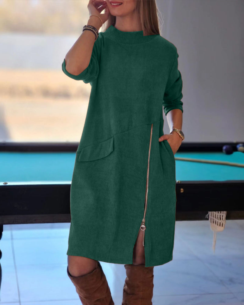 Elegantes Langarmkleid Mit Reißverschluss - IdealeKleiden