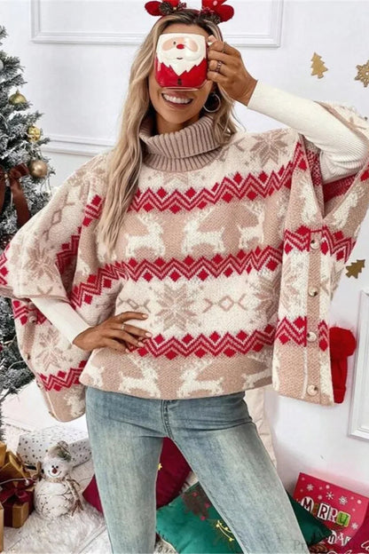 Weihnachts-Pullover Elch Motiv Hochkragen Fledermaus Ärmel - IdealeKleiden