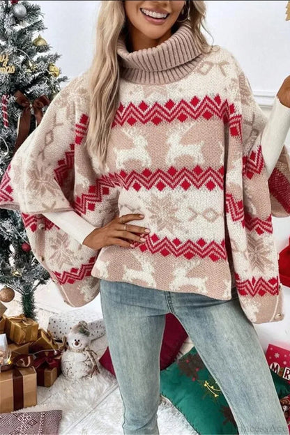 Weihnachts-Pullover Elch Motiv Hochkragen Fledermaus Ärmel